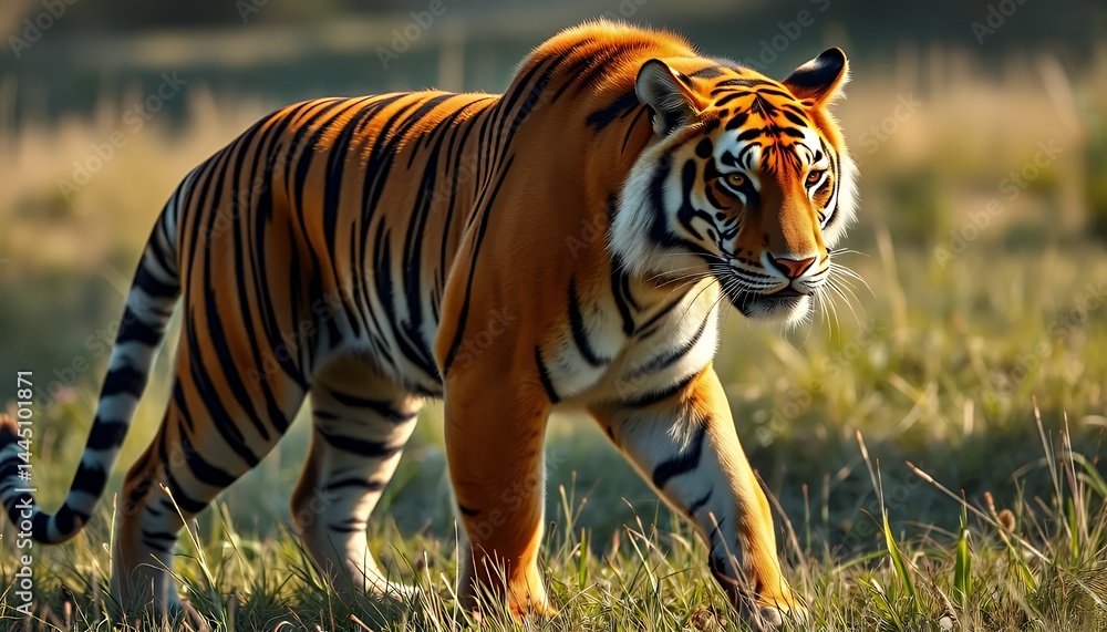 Magnificent Bengal Tiger Walking Through Green Grassland with Vibrant Light Striking Orange and Black Stripes Defined Against Backdrop Perfect For Decoration or Conservation Theme