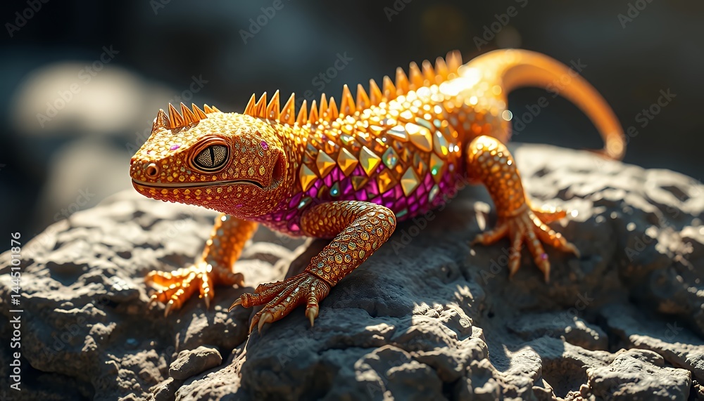 Lizard with Decorative Geometric Scale Pattern on Gray Rock High Angle Capture Focused on Natural Artistry and Vivid Colors for Decorative Applications