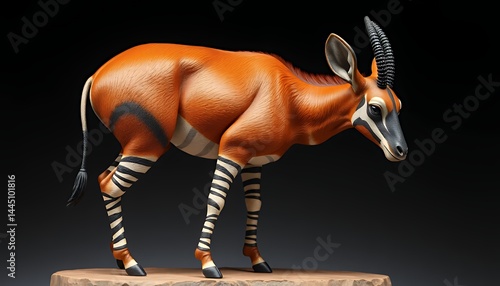 Obraz na płótnie Isolated Saola with Striking Black Face and Patterned Legs Standing Sideways On Brown Platform Against Dark Background Perfect For Decoration and Educational Purposes w salonie