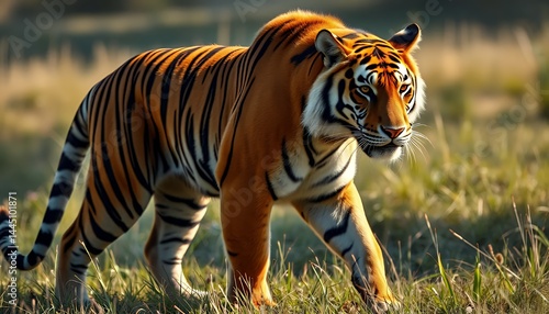 Obraz na płótnie Magnificent Bengal Tiger Walking Through Green Grassland with Vibrant Light Striking Orange and Black Stripes Defined Against Backdrop Perfect For Decoration or Conservation Theme w salonie