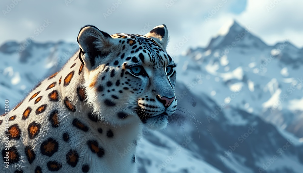 Majestic Snow Leopard Close Up Against Snowy Mountains in Winter Nature Habitat Offering Striking Wildlife Portrait With Spotted Fur Perfect For Decoration and Educational Purposes