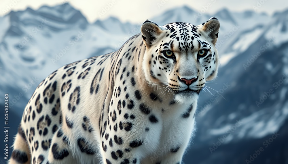 Majestic Snow Leopard in Snowy Mountains with Detailed Fur and Soft Lighting in Natural Habitat, a Wildlife Illustration