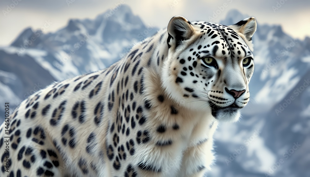 Majestic Snow Leopard Portrait Against Snowy Mountains with Detailed Fur and Natural Lighting in White and Gray Colors