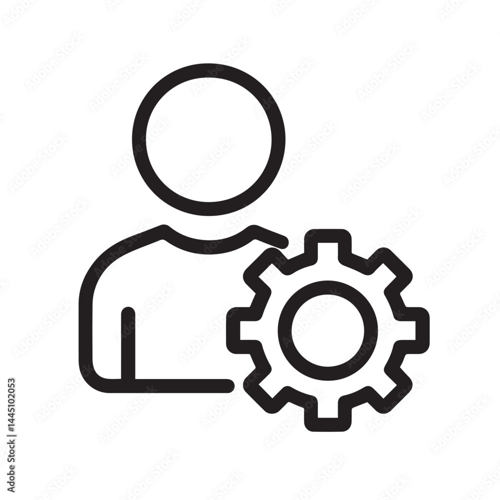 User Interface Icon: A minimalist illustration of a person alongside a gear icon, symbolizing user settings, profile configuration, and personal options. User Interface Icon: A minimalist illustration of a person alongside a gear icon, symbolizing user settings, profile configuration, and personal options.
