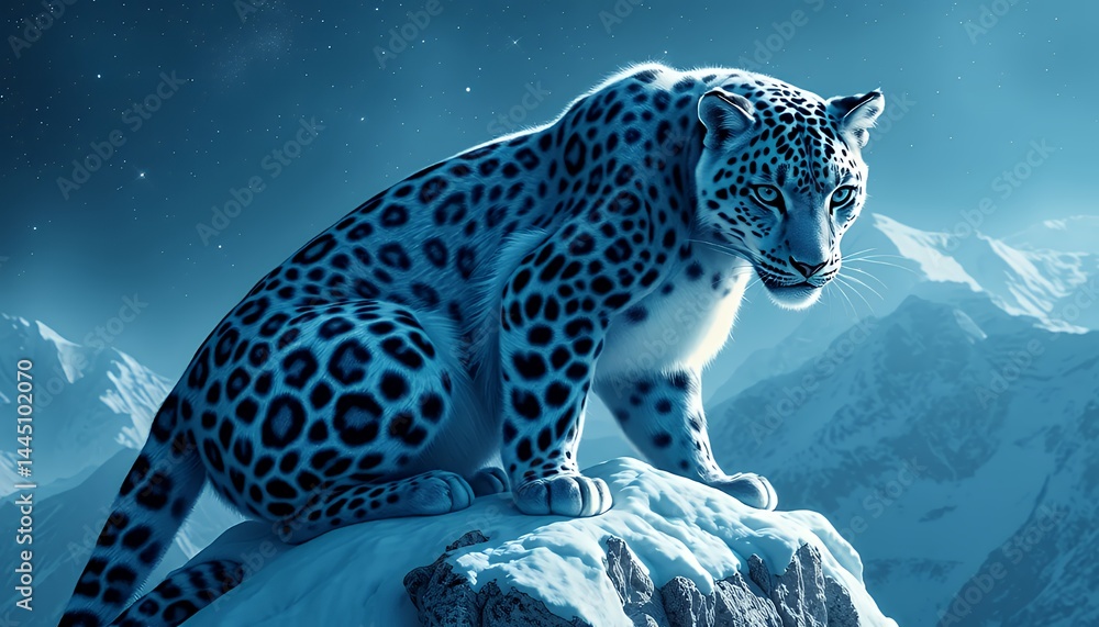 Majestic Snow Leopard Perched on Snowy Mountain Peak with Blue Sky in Digital Painting of Wildlife Portrait Standing Strong and Alert