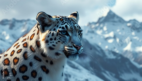 Obraz na płótnie Majestic Snow Leopard Close Up Against Snowy Mountains in Winter Nature Habitat Offering Striking Wildlife Portrait With Spotted Fur Perfect For Decoration and Educational Purposes w salonie