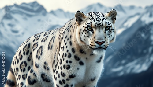 Obraz na płótnie Majestic Snow Leopard in Snowy Mountains with Detailed Fur and Soft Lighting in Natural Habitat, a Wildlife Illustration w salonie