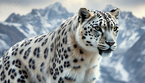 Majestic Snow Leopard Portrait Against Snowy Mountains with Detailed Fur and Natural Lighting in White and Gray Colors