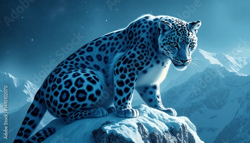 Obraz na płótnie Majestic Snow Leopard Perched on Snowy Mountain Peak with Blue Sky in Digital Painting of Wildlife Portrait Standing Strong and Alert w salonie