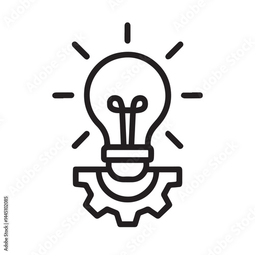 Idea and Innovation: A minimalist, high-contrast icon depicts a glowing lightbulb atop a gear, representing concepts like problem-solving and innovation. 