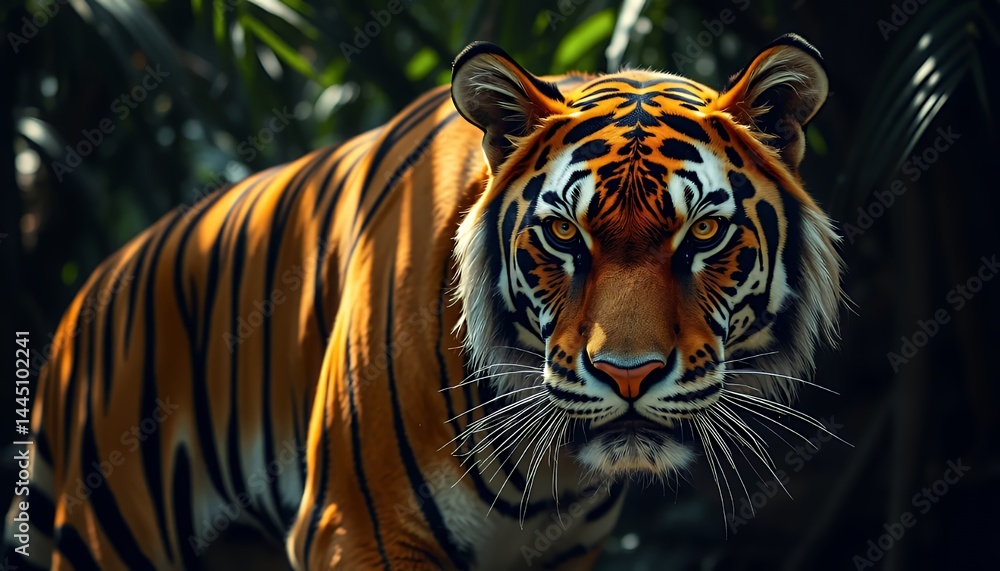 Majestic Tiger Portrait with Intense Gaze Illuminated by Dramatic Lighting in Lush Green Jungle Foliage Striking Orange and Black Stripes High Angle Close Up Capture