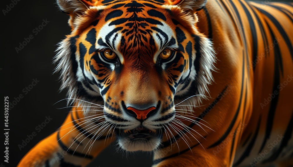 Majestic Tiger Portrait with Striking Orange Fur And Intense Gaze Against Dark Backdrop Enhancing Wildlife Awareness and Conservation, Optimized for Stock Photography