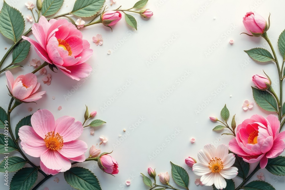 Fototapeta premium Subtle floral damask, delicate blossoms & acanthus leaves, print, white, vintage