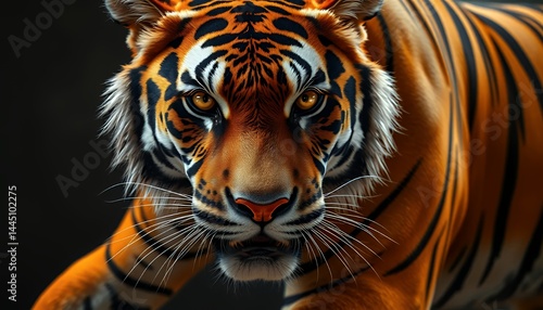 Obraz na płótnie Majestic Tiger Portrait with Striking Orange Fur And Intense Gaze Against Dark Backdrop Enhancing Wildlife Awareness and Conservation, Optimized for Stock Photography w salonie