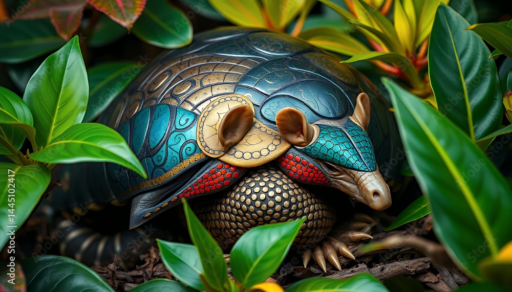 Ornate Armadillo Among Lush Greenery and Foliage with Detailed Blue and Gold Shell in a Close Up High Angle Perspective for Adobe Stock