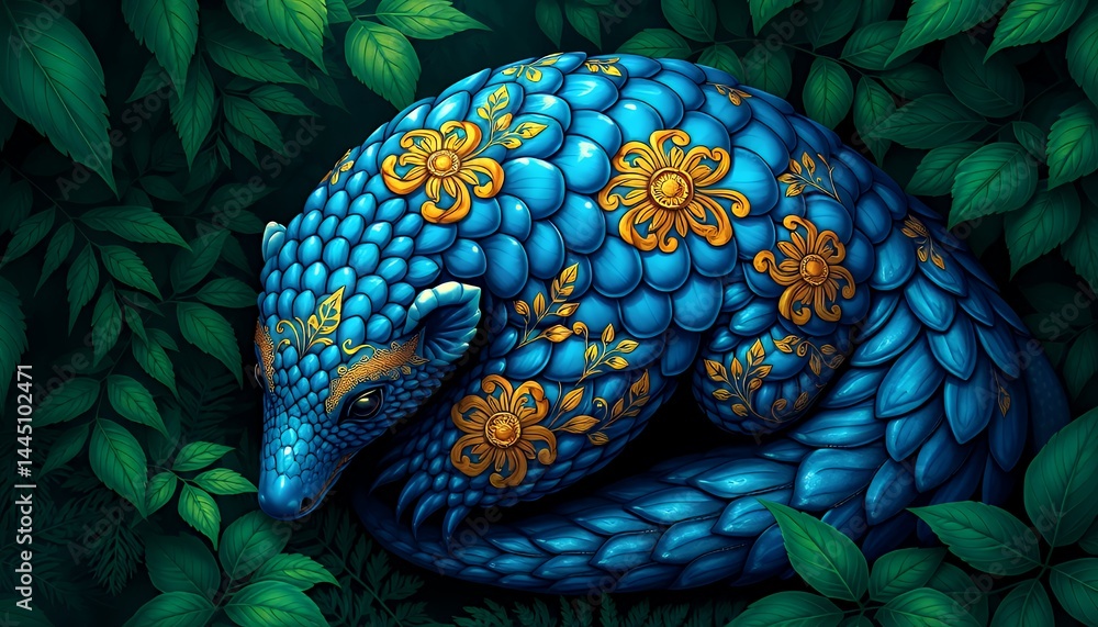 Ornate Pangolin Curled in Verdant Green Foliage Featuring Teal Scales and Golden Floral Pattern