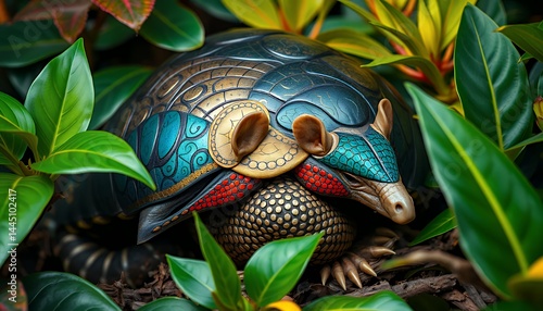 Obraz na płótnie Ornate Armadillo Among Lush Greenery and Foliage with Detailed Blue and Gold Shell in a Close Up High Angle Perspective for Adobe Stock w salonie