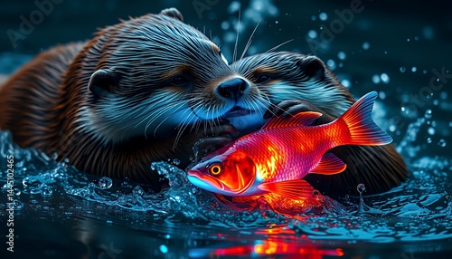 Obraz na płótnie Otter Catching a Red Fish with Blue Water Splash and Vivid Lighting in Dark Underwater Environment w salonie