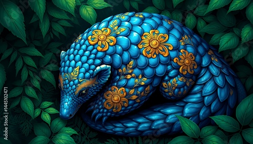 Obraz na płótnie Ornate Pangolin Curled in Verdant Green Foliage Featuring Teal Scales and Golden Floral Pattern w salonie
