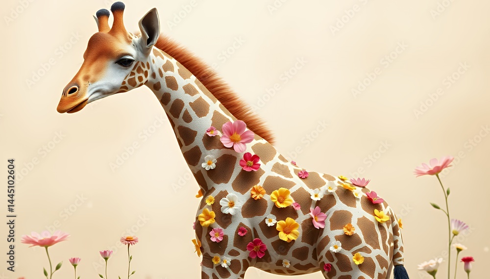 Pixelated Giraffe Adorned with Flowers Standing Gracefully in Light Beige Background with Colorful Floral Decoration and Pixel Art Aesthetic