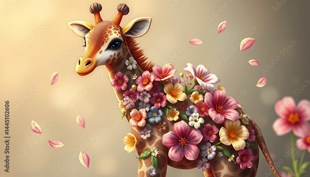 Pixelated Giraffe Adorned With Colorful Flowers and Soft Petals Creating A Whimsical and Dreamy Scene Perfect For Springtime and Nature Themes