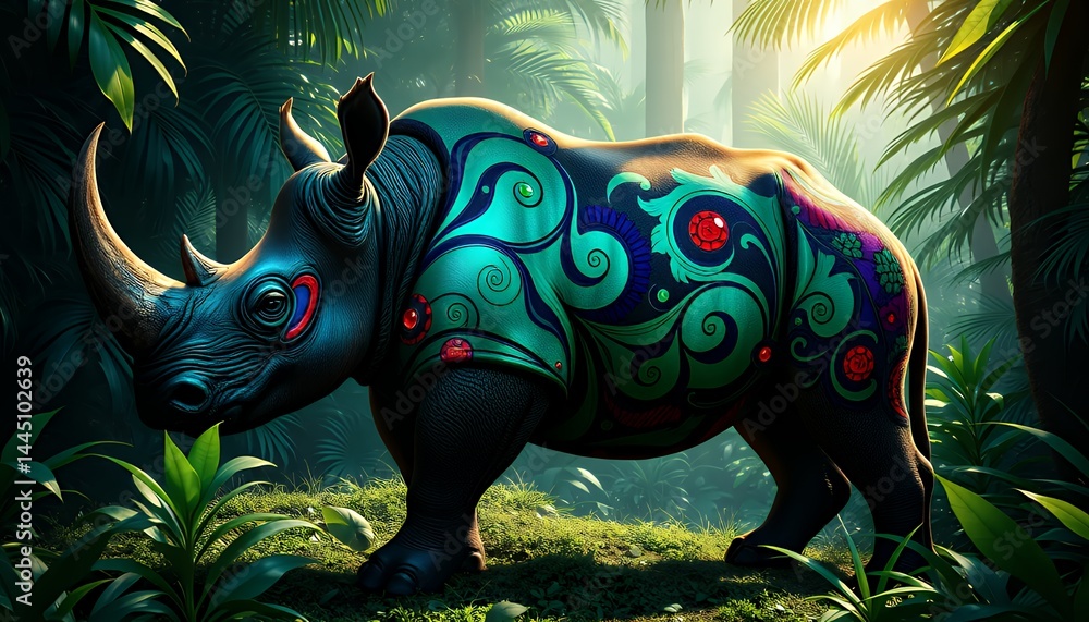 Pixelated Rhinoceros in a Lush Jungle with Intricate Green and Blue Patterns and Red Gemstones under Soft Sunlight