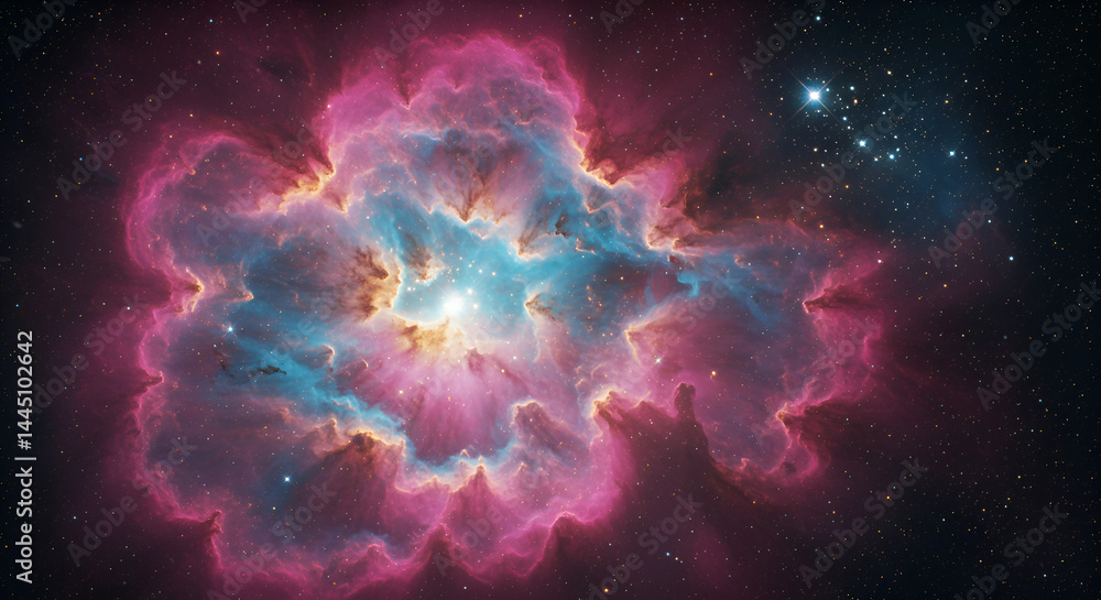 A vibrant nebula, swirling in hues of pink, blue, and yellow, bathed in starlight. Vast cosmic cloud formations against a backdrop of dark space A vibrant nebula, swirling in hues of pink, blue, and yellow, bathed in starlight. Vast cosmic cloud formations against a backdrop of dark space