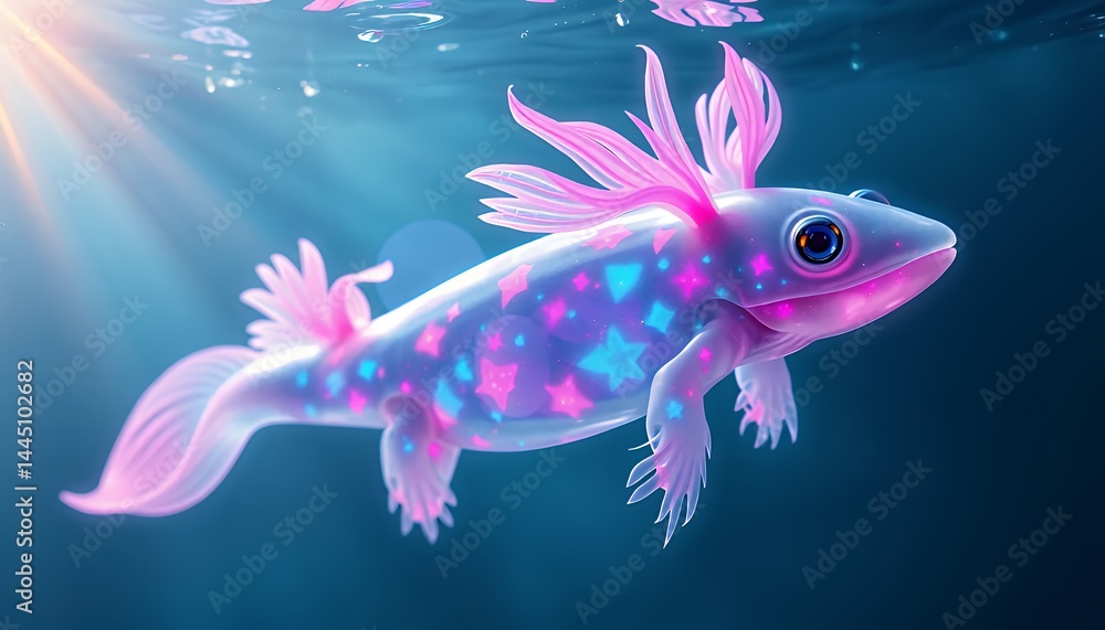 Playful Axolotl Swimming in Deep Blue Water Illuminated by Sunlight with Neon Stars and Pink Gills Illustration Optimized for Decoration and Celebrating Earth Day