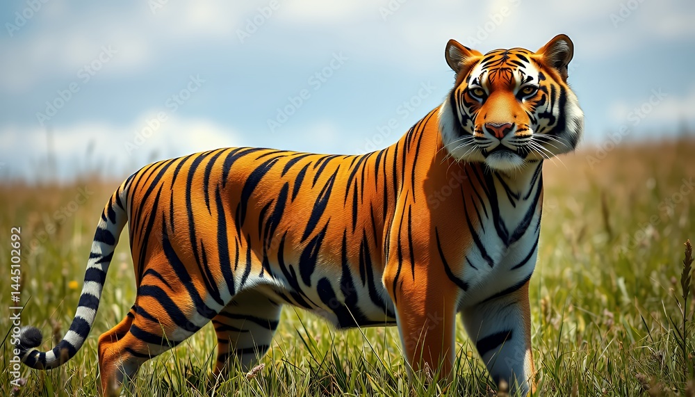 Powerful Tiger Stands in Green Meadow Under Cloudy Skies Wildlife Animal Theme