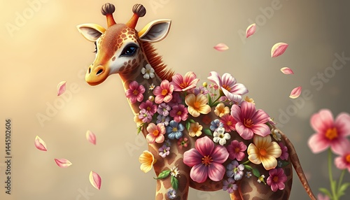 Pixelated Giraffe Adorned With Colorful Flowers and Soft Petals Creating A Whimsical and Dreamy Scene Perfect For Springtime and Nature Themes