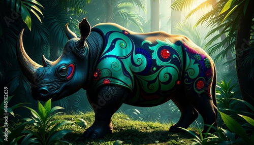 Obraz na płótnie Pixelated Rhinoceros in a Lush Jungle with Intricate Green and Blue Patterns and Red Gemstones under Soft Sunlight w salonie