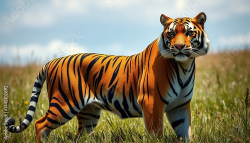 Obraz na płótnie Powerful Tiger Stands in Green Meadow Under Cloudy Skies Wildlife Animal Theme w salonie