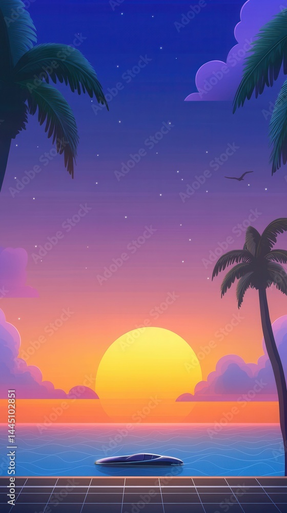 Fototapeta premium Sunset, ocean, palm trees, vehicle, tranquil scene.