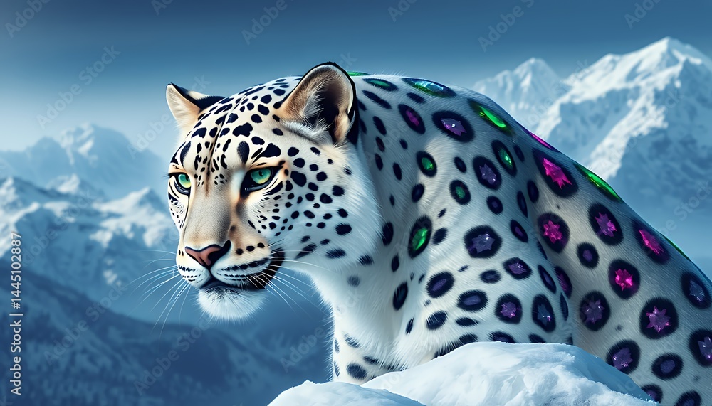 Snow Leopard Adorned with Multicolor Jewels Standing on Snowy Mountain Peak with Majestic Mountains in Winter Season Wildlife Image
