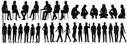 Silhouette vector set of people in various standing, sitting, squatting, and walking poses – men and women, side and front views