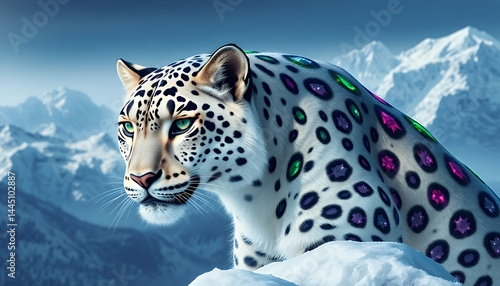 Obraz na płótnie Snow Leopard Adorned with Multicolor Jewels Standing on Snowy Mountain Peak with Majestic Mountains in Winter Season Wildlife Image w salonie