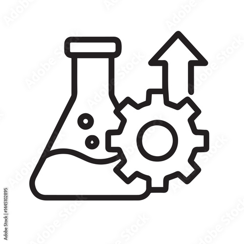 Science and progress Icon: A modern illustration depicting a laboratory flask and gear cog with an upward arrow, symbolizing the growth of science and innovative development.