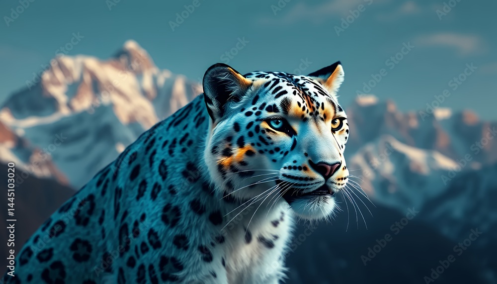 Snow Leopard Majestic Portrait Amidst Snowy Mountain Peaks Under Blue Sky, showcasing Detailed Fur Patterns and Striking Blue Eyes Capturing Wild Beauty and High Altitude Adaptation