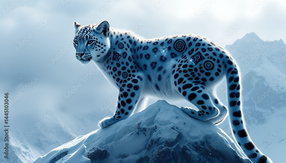 Snow Leopard Majesty on Snowy Mountain Peak in a Dreamy Landscape, Soft Blue and White Palette, Detailed Fur Texture, Evoking a Sense of Wilderness and Untamed Beauty Under Soft Lighting