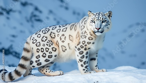 Obraz na płótnie Snow Leopard on Snowy Ridge with Mountain Backdrop Wildlife in Winter Season w salonie