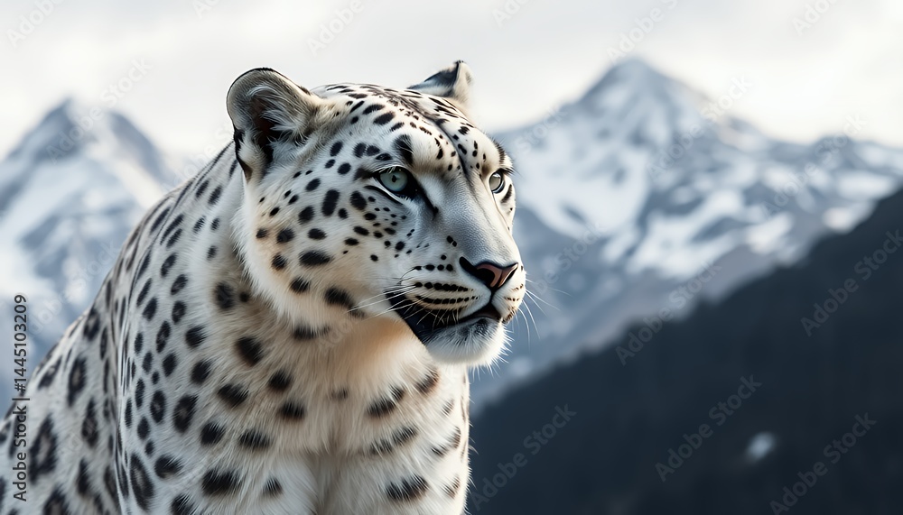 Snow Leopard Side Portrait with Blurred Snowy Mountains Background in Bright Outdoor Setting Perfect for Decoration