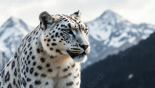 Obraz na płótnie Snow Leopard Side Portrait with Blurred Snowy Mountains Background in Bright Outdoor Setting Perfect for Decoration w salonie