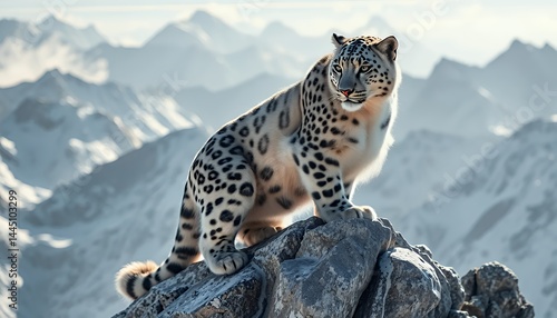 Snow Leopard Standing Tall on a Rock with Snowy Mountain Backdrop, Gray and White Spotted Fur, Wild Feline Predator in Wildlife Nature Habitat
