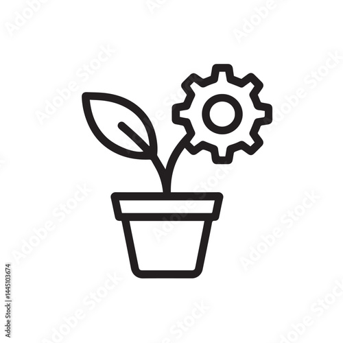 Nurturing Innovation: An abstract illustration of a young plant with a gear-shaped bloom emerging from a pot. This image subtly depicts the concept of nurturing innovation and sustainable growth.