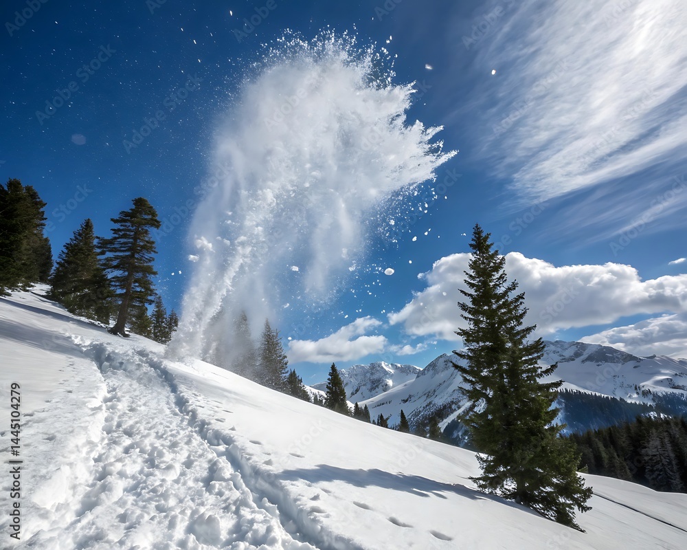 Powder Cascade: A breathtaking scene of a skier's descent through a cloud of pristine powder snow in a stunning mountain landscape. The dynamic interplay of the athlete's action and nature's elements. Powder Cascade: A breathtaking scene of a skier's descent through a cloud of pristine powder snow in a stunning mountain landscape. The dynamic interplay of the athlete's action and nature's elements.