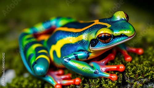 Vibrant Frog Resting on Moss with Striking Colors Close Up Still Life Detailed Pattern Optimized for Wildlife and Nature Themed Projects