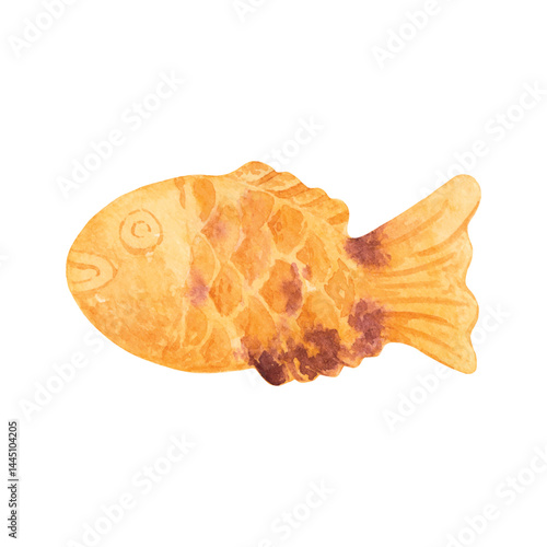 Watercolor illustration of taiyaki or bungeoppang, a fish-shaped snack filled with red bean paste. Perfect for Asian dessert label, menu design, banner, or packaging with a soft and hand-painted look.