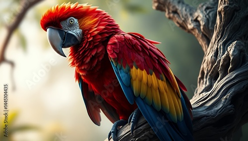 Vibrant Scarlet Macaw Perched on a Branch with Colorful Plumage in its Habitat Featuring Detailed Feathers and Natural Lighting Perfect For Decoration or Educational Purposes