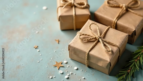 Rustic kraft paper gift boxes, twine detail, muted tones, pattern, background, vintage
