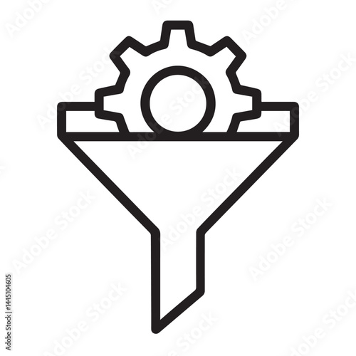 Funnel processing Icon: A sleek, minimalist icon depicts a funnel, seamlessly integrated with a gear, symbolizing precision, transformation, and efficiency in a conceptual representation.